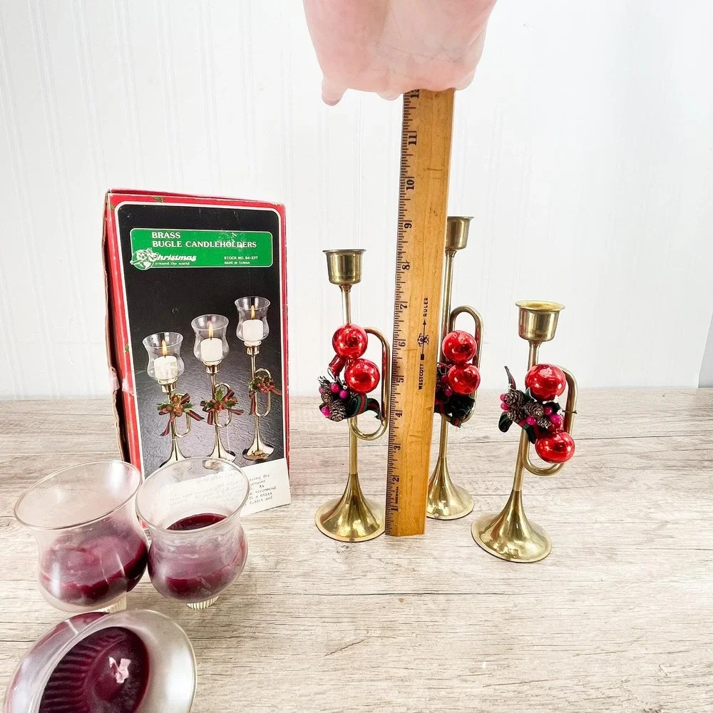 Vintage Brass Horn‎ Candlestick Set: MCM Holiday Votive Holders